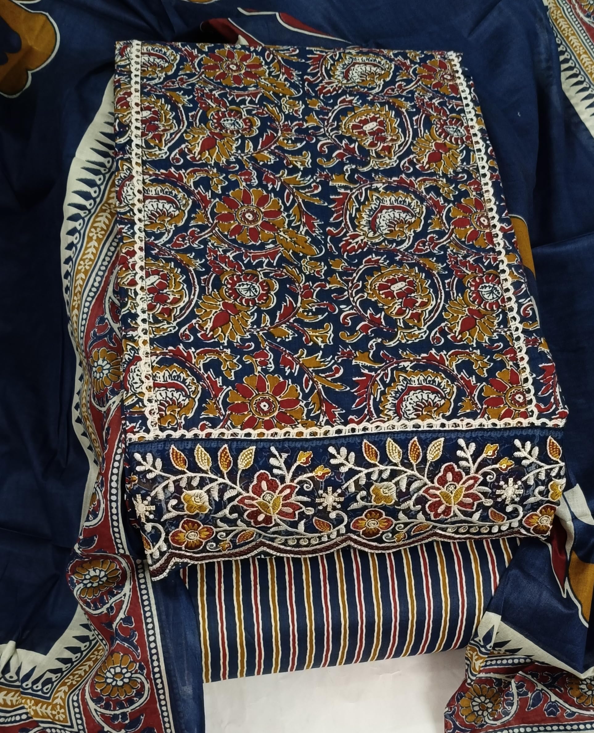 DRAVINAM Trends Women's Printed Embroidered and Hand Work Premium Cotton Jaipuri Unstitched Salwar Suit Dress Material with Mulmul Cotton Dupatta