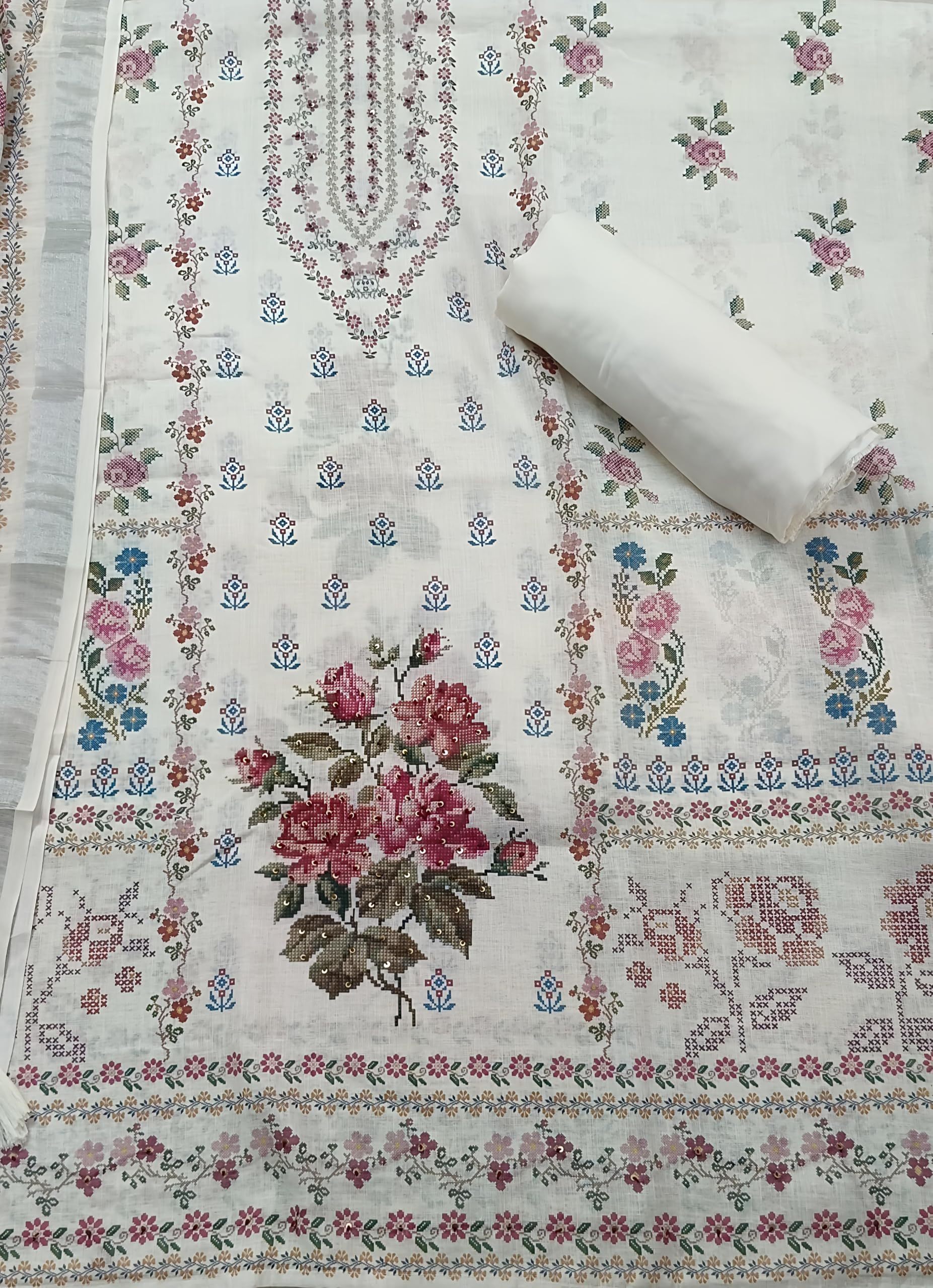 DRAVINAM Trends Women's Linen Cross-Stitch Floral Print Unstitched Salwar Suit Dress Material with Malai Cotton Bottom & Linen Dupatta