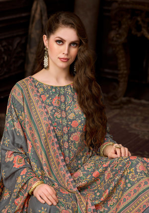DRAVINAM Trends Women's Winter Wear Unstitched Discharge Print Hand Work Neck Embroidered Woollen Viscose Pashmina Salwar Suit Dress Material with Pashmina Printed Shawl Dupatta