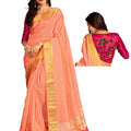 DRAVINAM Trends Women's Woven Soft Cotton Peach Zari Border and Buti Saree with Embroidered Blouse Piece for Women
