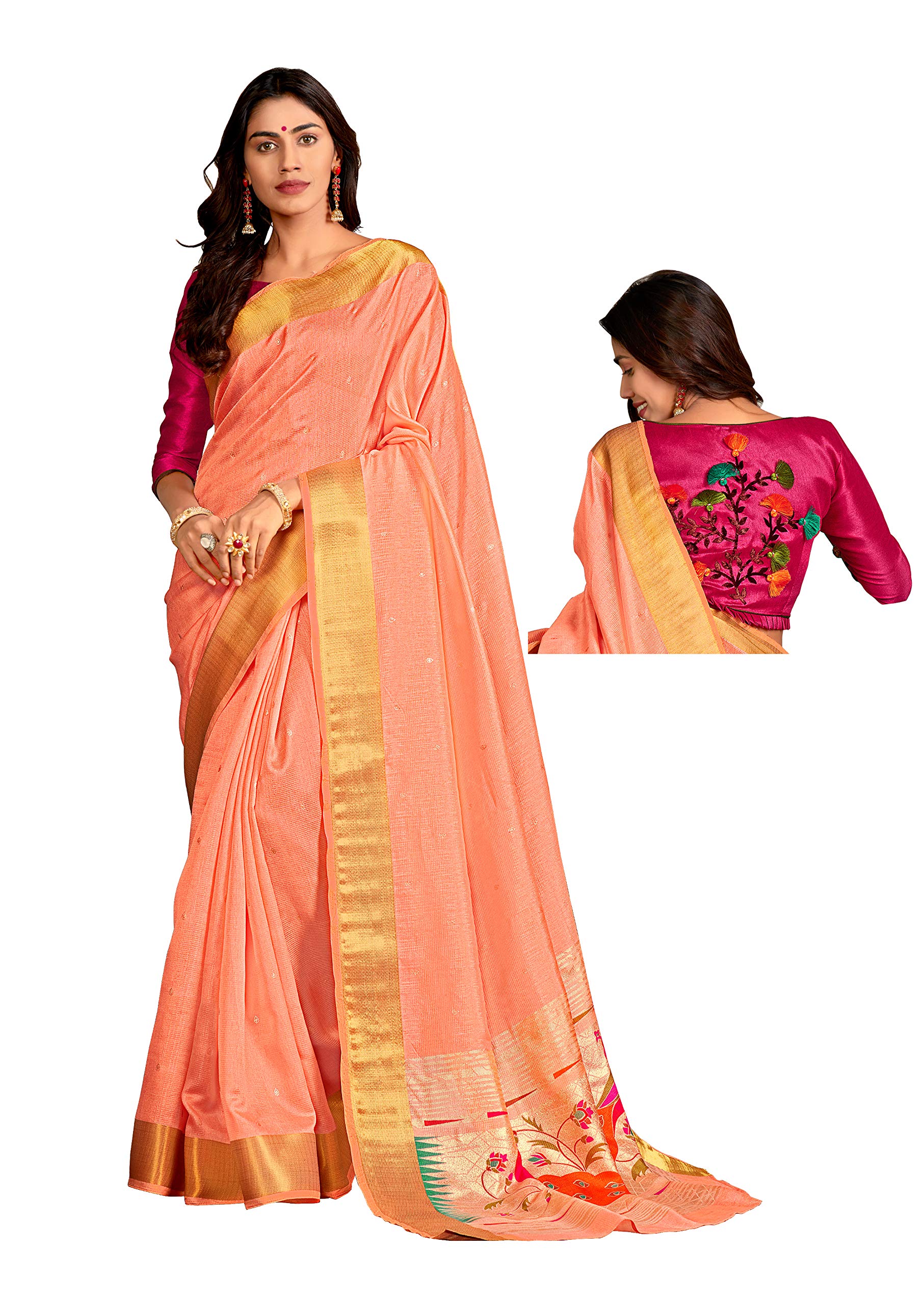 DRAVINAM Trends Women's Woven Soft Cotton Peach Zari Border and Buti Saree with Embroidered Blouse Piece for Women