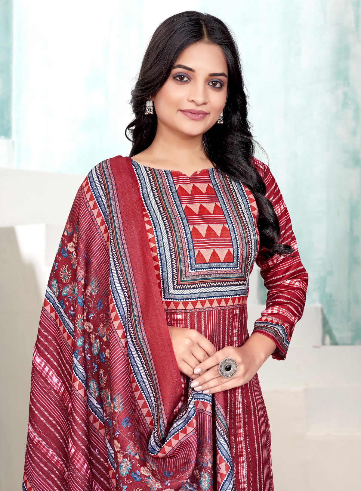 DRAVINAM Trends Pashmina Digital Kani Kashmiri Printed Unstitched Salwar Suit for Women with Digital Shawl Dupatta