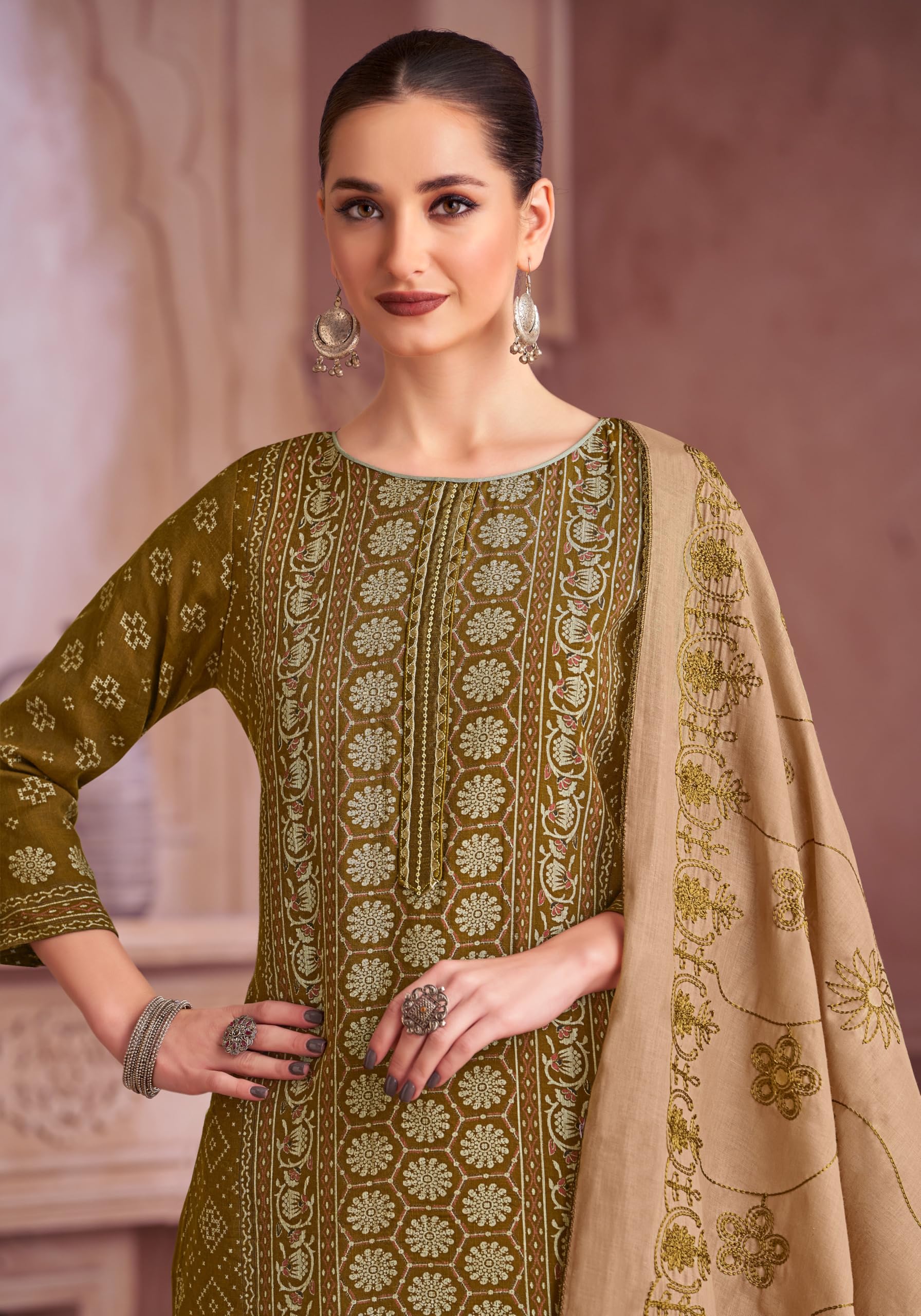 DRAVINAM Trends Women's Unstitched Rayon Salwar Suit Dress Material – Viscose Rayon Printed Hand work Top, Rayon Unstitch Bottom and Embroidered Cotton Dupatta