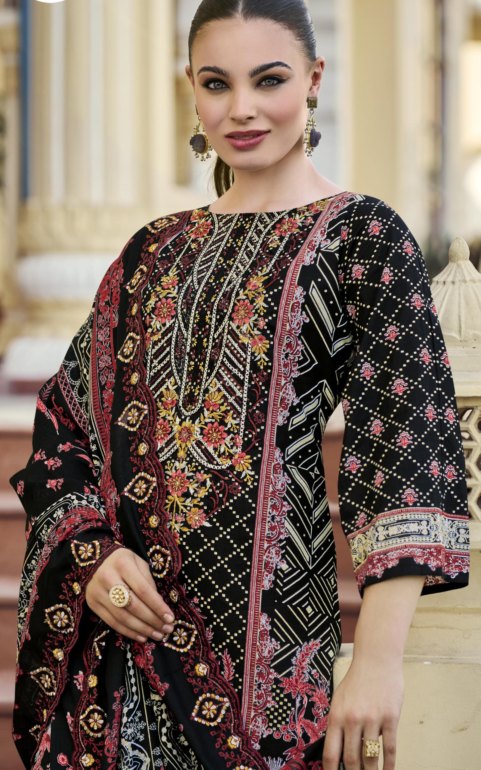 DRAVINAM Trends Women's Unstitched Pakistani Digital Print Embroidered Pure Cotton Salwar Suit Dress Materials with Cotton Embroidered Cutwork Dupatta