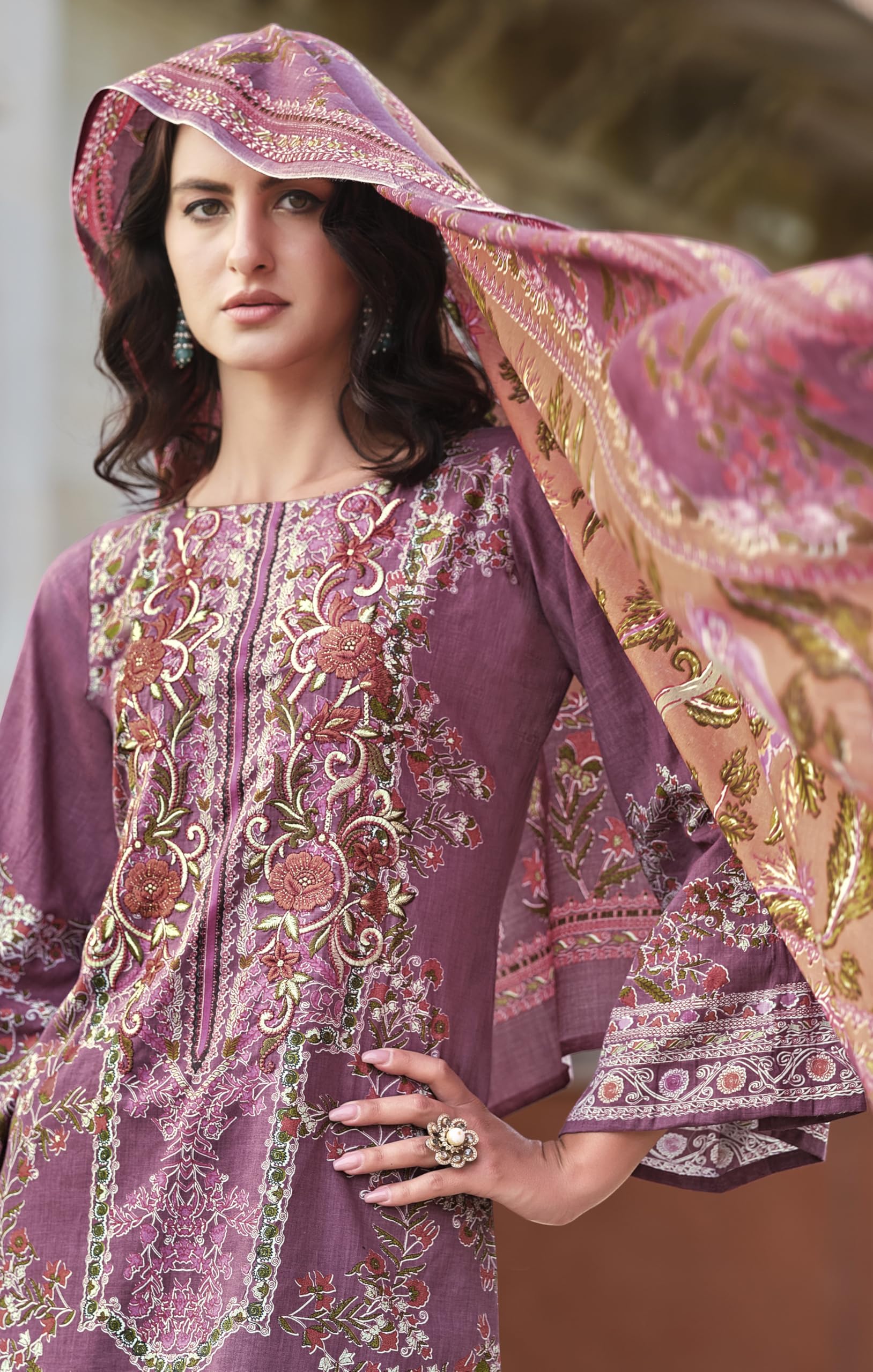 DRAVINAM Trends Women's Pakistani Print Embroidered Unstitcehd Pure Cotton Salwar Suit Dress Materials with Cotton Printed Dupatta