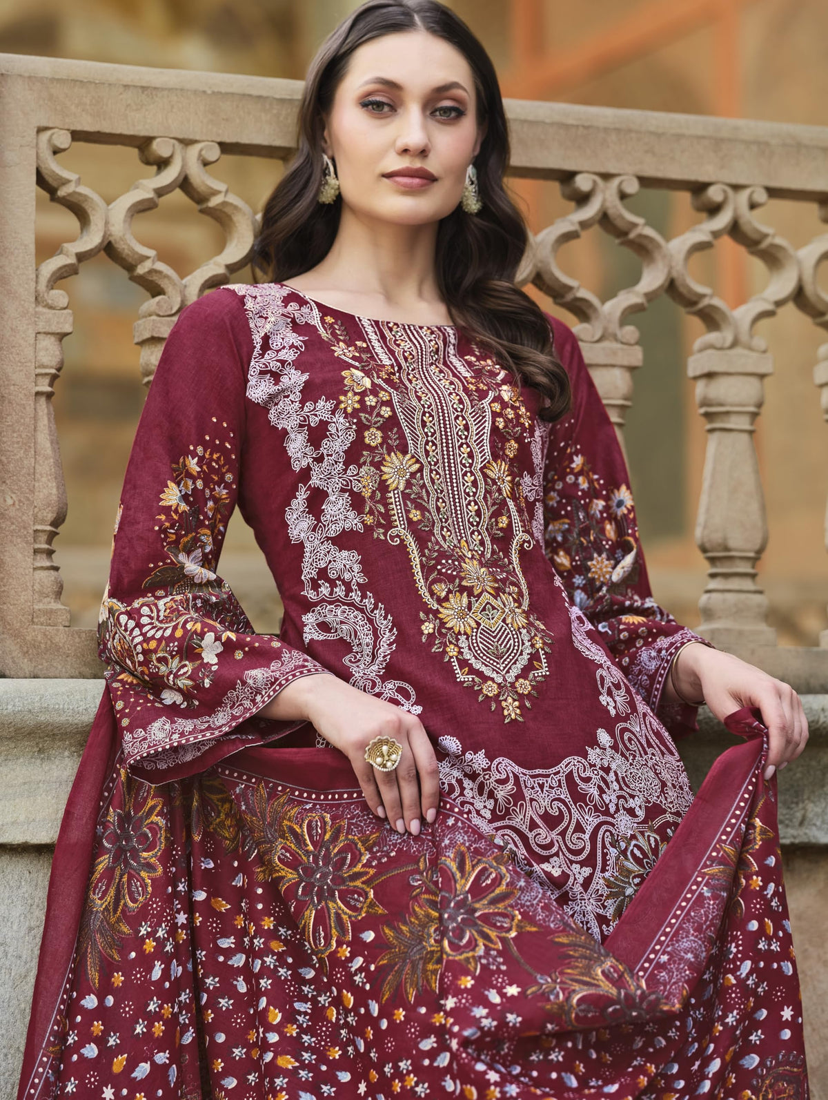 DRAVINAM Trends Women's Stitched Pakistani Print Embroidered Pure Cotton Pant Suit Set with Cotton Printed Dupatta (XL)