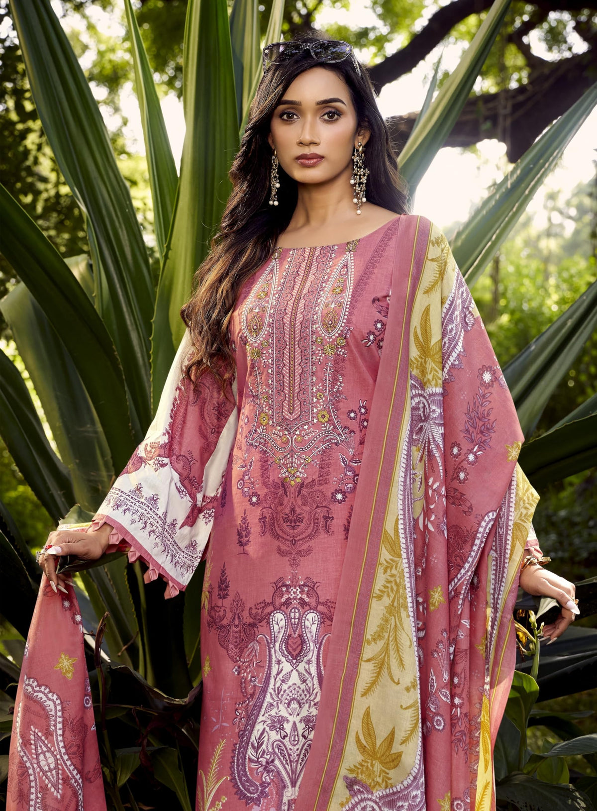 DRAVINAM Trends Women's Unstitched Cotton Suit Dress Material -Embroidered Digital Print Top II Plain Bottoms II Digital Print Dupatta