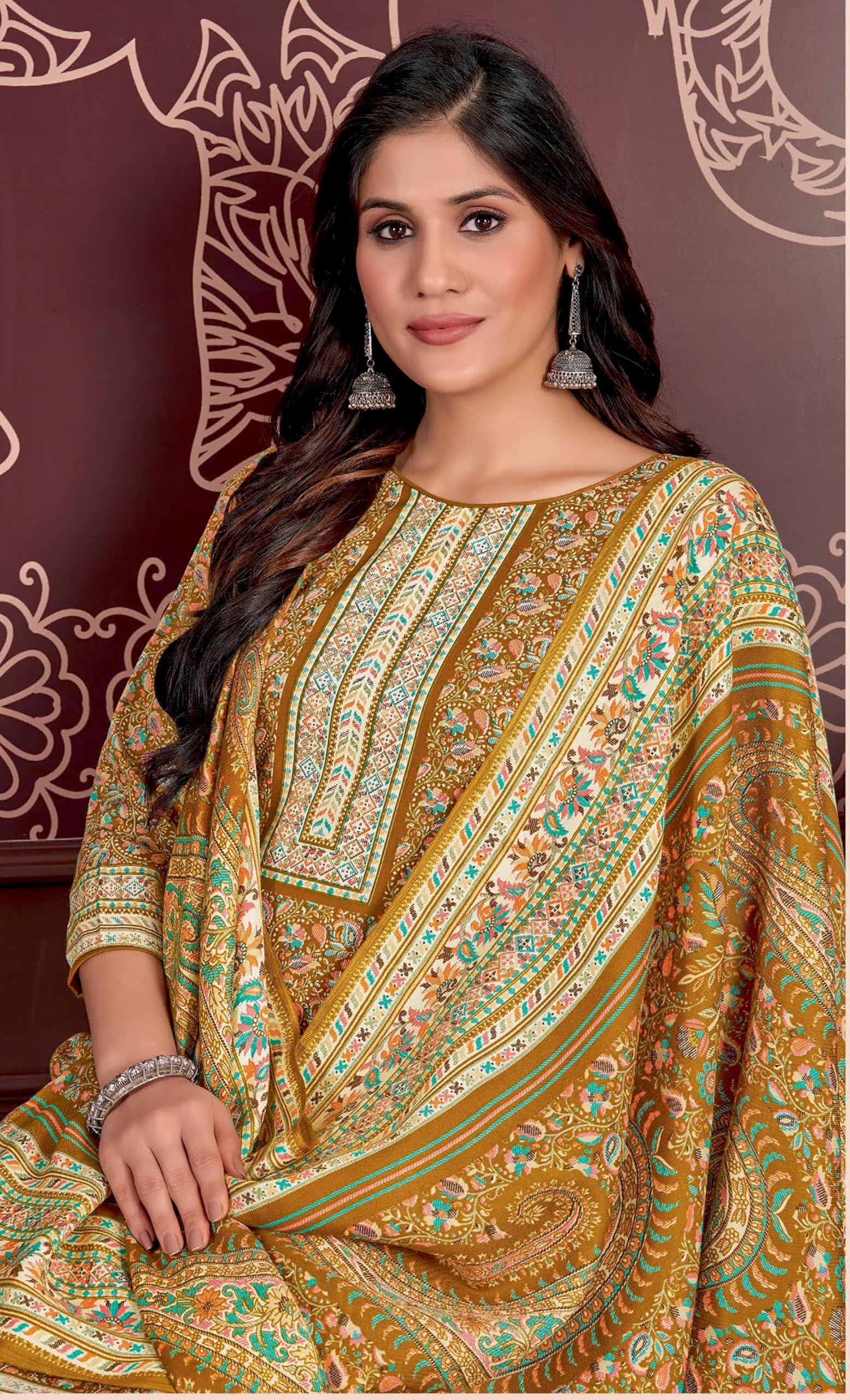DRAVINAM Trends Women's Unstitched Kaani Digital Print Swaroski Work Spun Pashmina Winter wear Dress Material Fabric for Salwar Suit with printed Pashmina Kashmiri shawl dupatta (Free size)