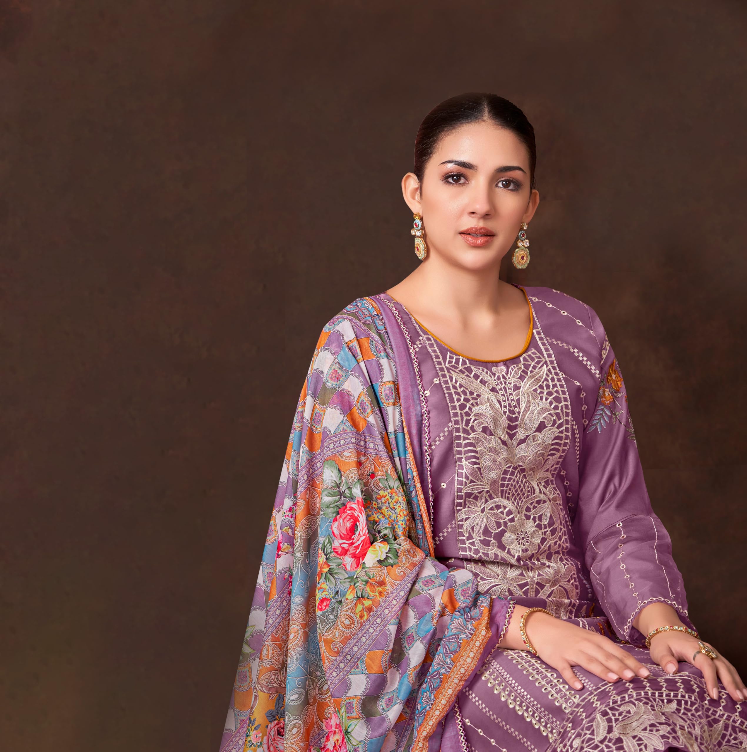 DRAVINAM Trends Women's Exquisite Unstitched Viscose Jam Cotton Suit Dress Material with Embroidered Daman & Sleeves | Stylish Pure Cotton Digital Print Dupatta & Solid Bottoms