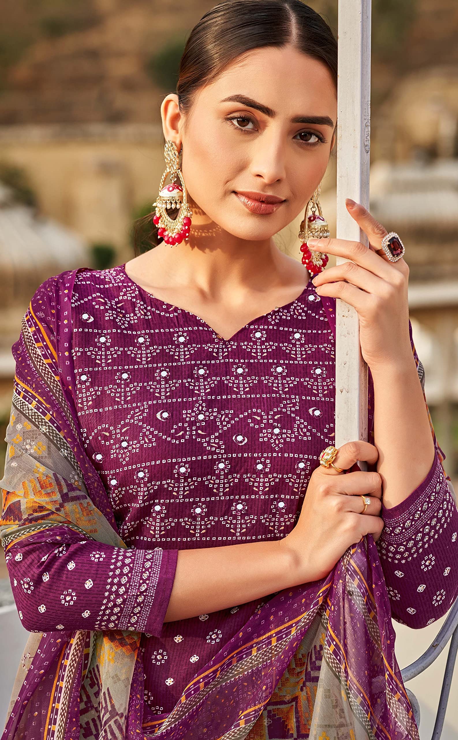 DRAVINAM Trends Women's Unstitched Salwar Suit Dress Material - Pure Cotton Print with Mirror Work Kameez | Plain Bottom |Chiffon Print Dupatta