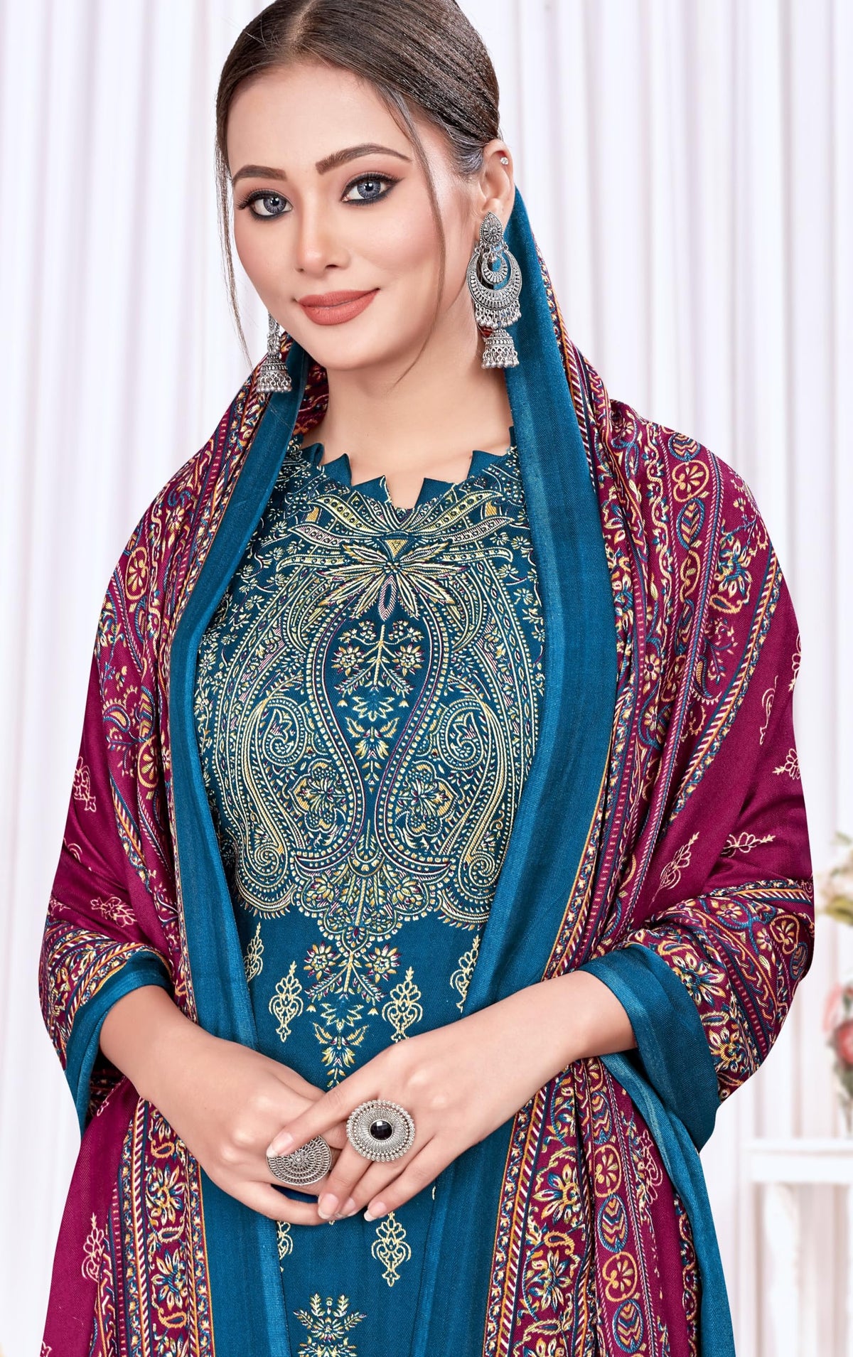 DRAVINAM Trends Printed Pashmina Unstitch Salwar Suit Dress Material with Printed Shawl Dupatta