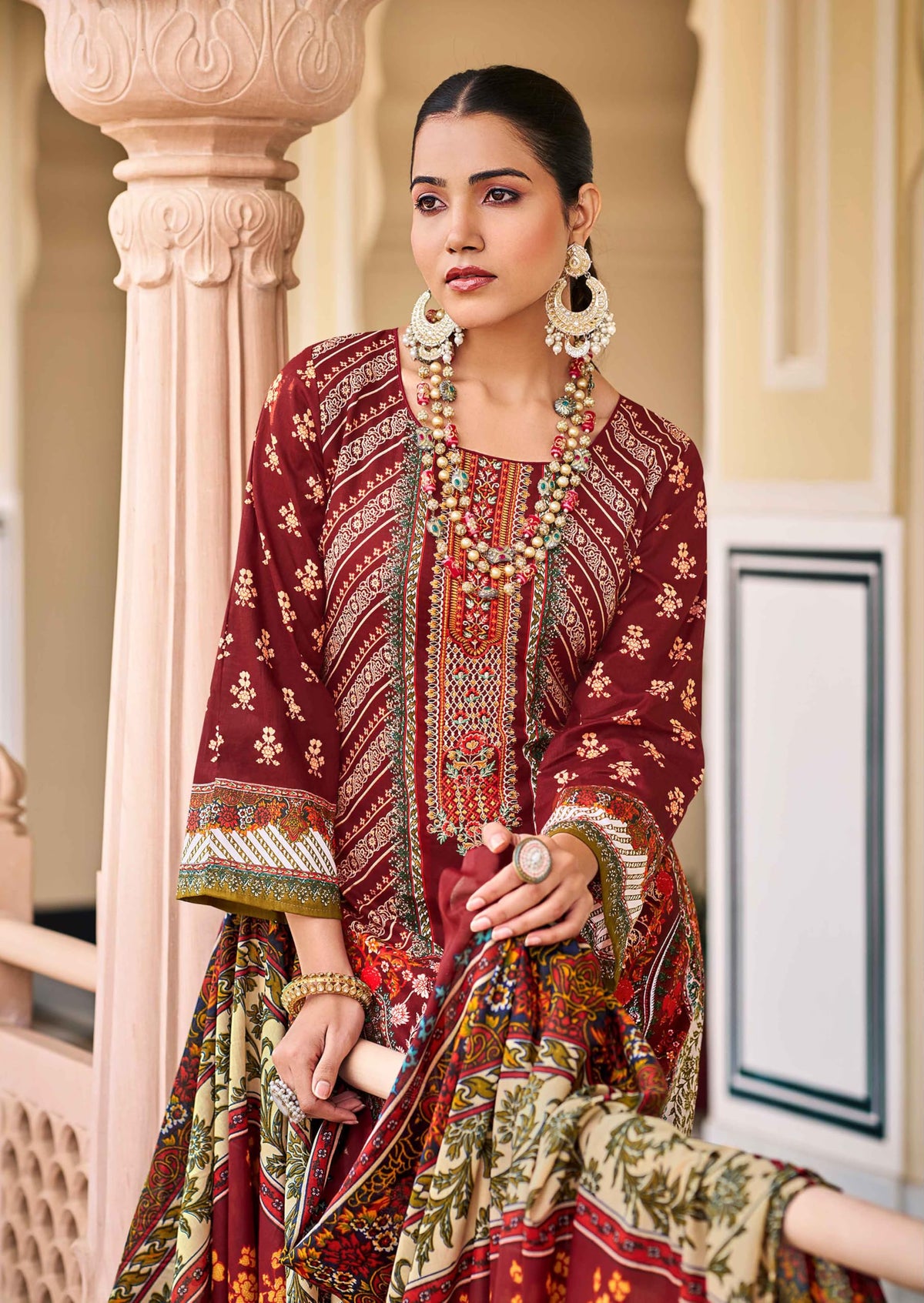 DRAVINAM Trends Lawn Cotton Pakistani Embroidered Suit Dress Material with Unstitched Bottoms and Cotton Dupatta