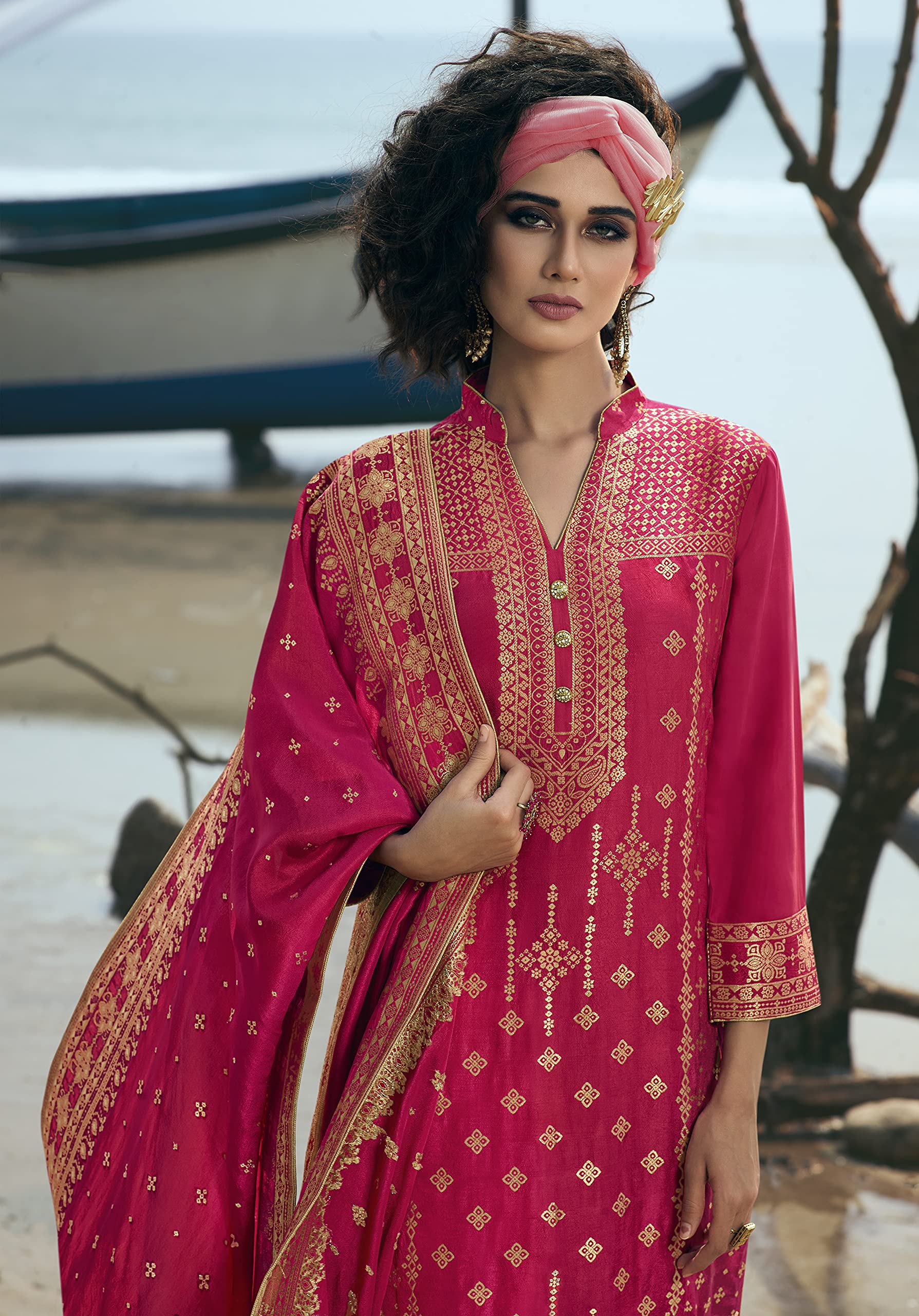 DRAVINAM Trends Women's Pure Banarasi Silk Unstitched Embroidered Sharara Style salwar Suit Dress Material with Heavy Pure Banarasi Jacquard Silk Dupatta (Free size_Magenta)