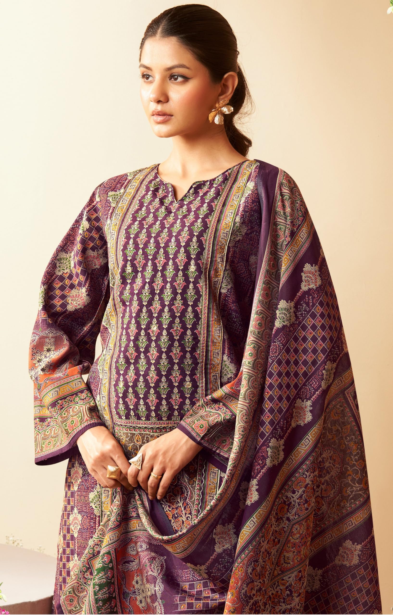 DRAVINAM Trends Women's Unstitched Maslin Suit Material - Embroidered Digital Printed Foil Masline Top II Masline Bottoms II Maslin Digital Dupatta