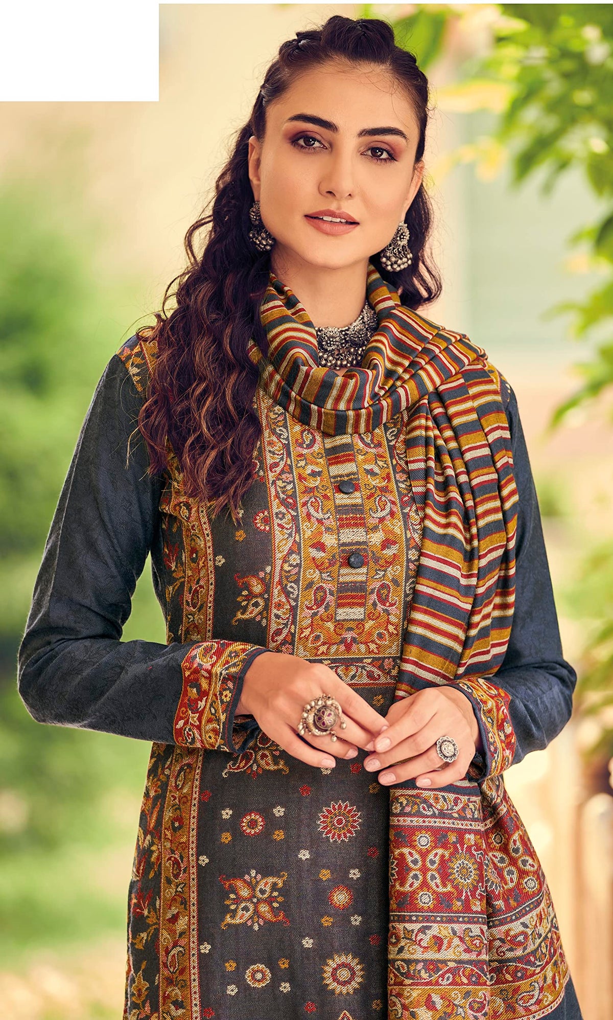 DRAVINAM Trends Women's Winter wear Pure Handloom Jacquard Weaving Wool pashmina salwar suit Dress material with Pure Handloom Weaving Pashmina wool shawl dupatta (Grey)