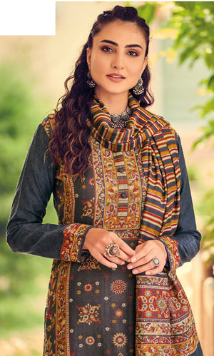 DRAVINAM Trends Women's Winter wear Pure Handloom Jacquard Weaving Wool pashmina salwar suit Dress material with Pure Handloom Weaving Pashmina wool shawl dupatta (Grey)