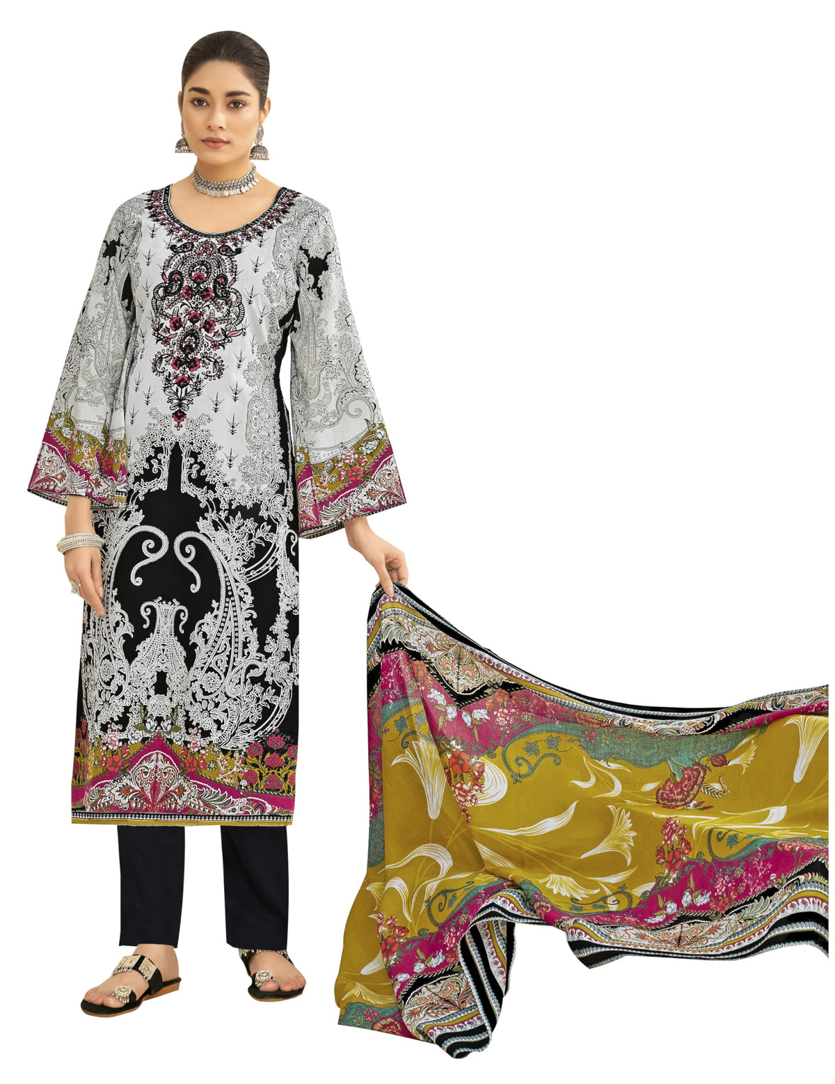 DRAVINAM Trends Women's Unstitched Digital Pakistani Print Embroidered Cambric Cotton Salwar Suit Dress Materials with Cotton Printed Dupatta