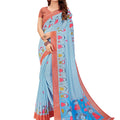 DRAVINAM Trends Women's Soft Printed Pure Linen Saree With Blouse Piece (Sky Blue)