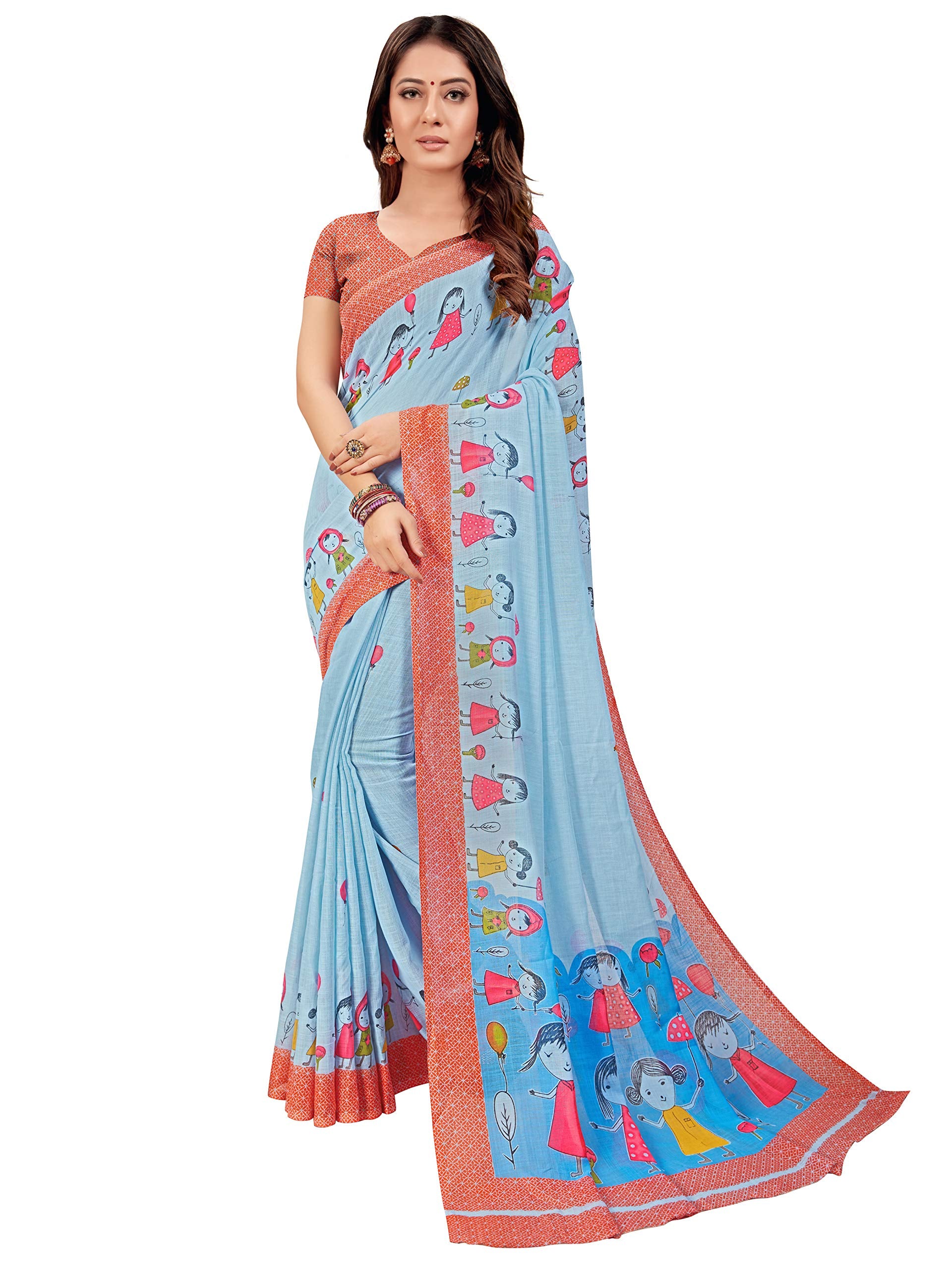 DRAVINAM Trends Women's Soft Printed Pure Linen Saree With Blouse Piece (Sky Blue)