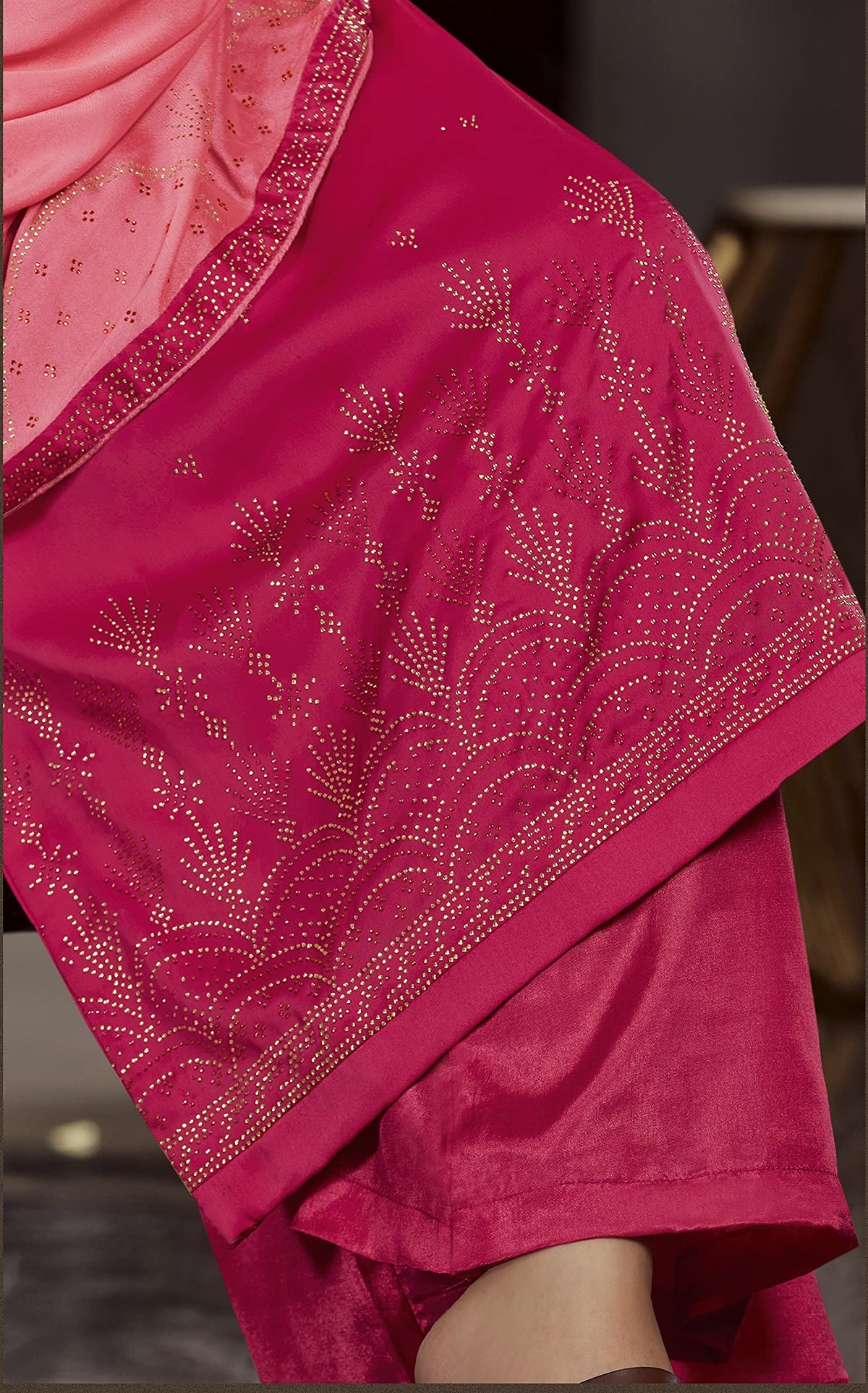 DRAVINAM Trends Women's Siroski Work Satin Georgette Palazzo Style Suit Dress Material with Heavy Pure Georgette Swaroski work Dupatta (Free size_Dark Pink and Light Pink)