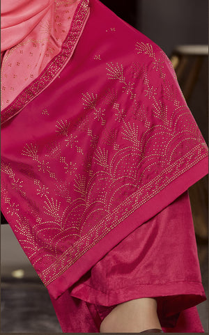 DRAVINAM Trends Women's Siroski Work Satin Georgette Palazzo Style Suit Dress Material with Heavy Pure Georgette Swaroski work Dupatta (Free size_Dark Pink and Light Pink)