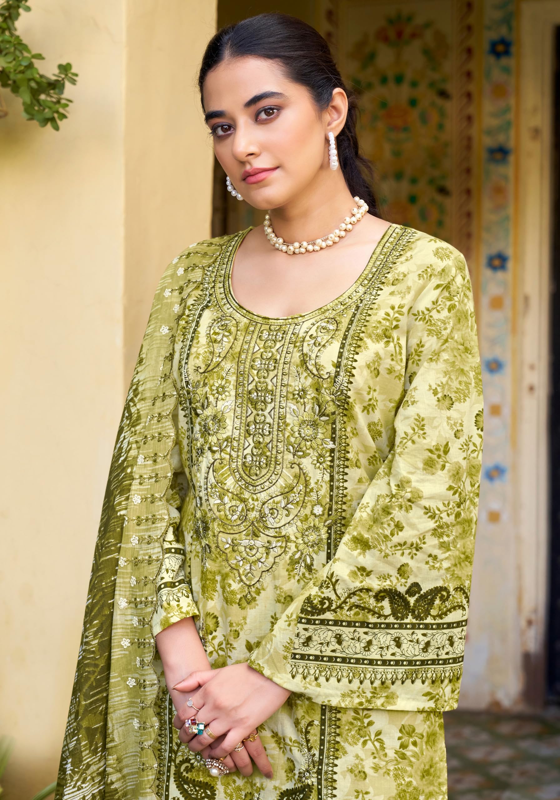 DRAVINAM Trends Unstitched Cotton Suit Dress Material Set: Pakistani Print Top Fabric with Embroidery | Customizable Solid Bottoms | Cotton Fancy Dupatta