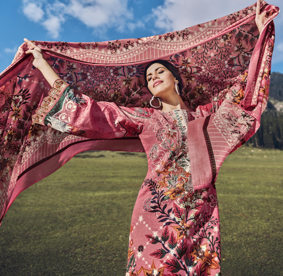 DRAVINAM Trends Unstitched Pakistani Print Embroidered Cotton Salwar Suit Dress Materials with Dupatta