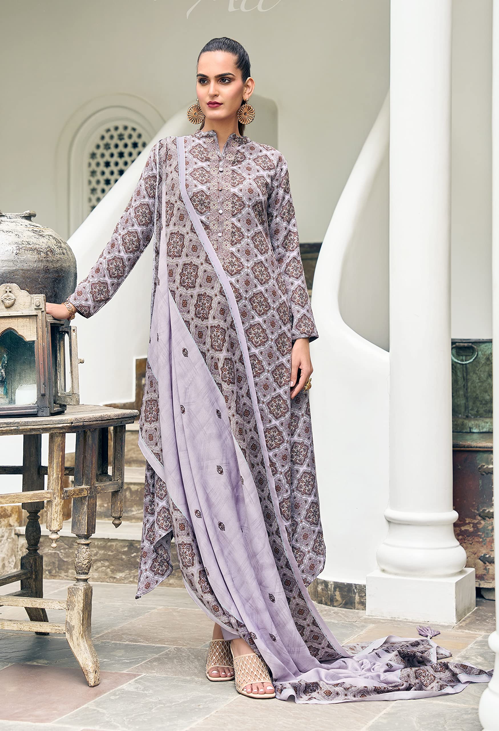 DRAVINAM Trends Women's Unstitched Digital Print Pure Wool Pashmina Fancy Embroidered Winter Salwar Suit Dress Material with Printed Pure Pashmina Shawl Dupatta (Grey)