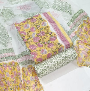 DRAVINAM Trends Hand Block Print Pure Cambric Cotton Unstitched Suit Material with Chiffon Hand Printed Dupatta