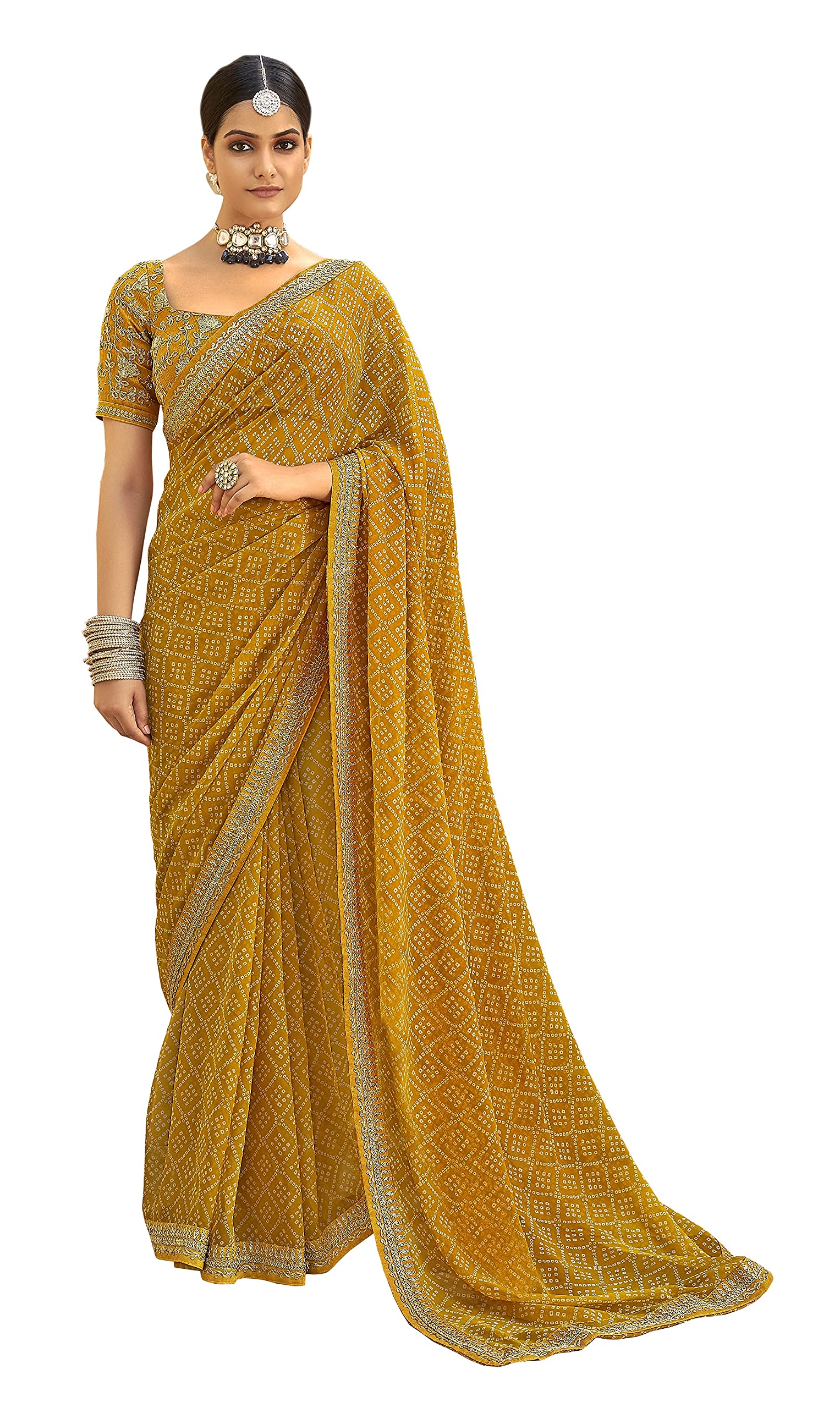 DRAVINAM Trends Women's bandhani print georgette embroidered saree with heavy embroidered Blouse Piece