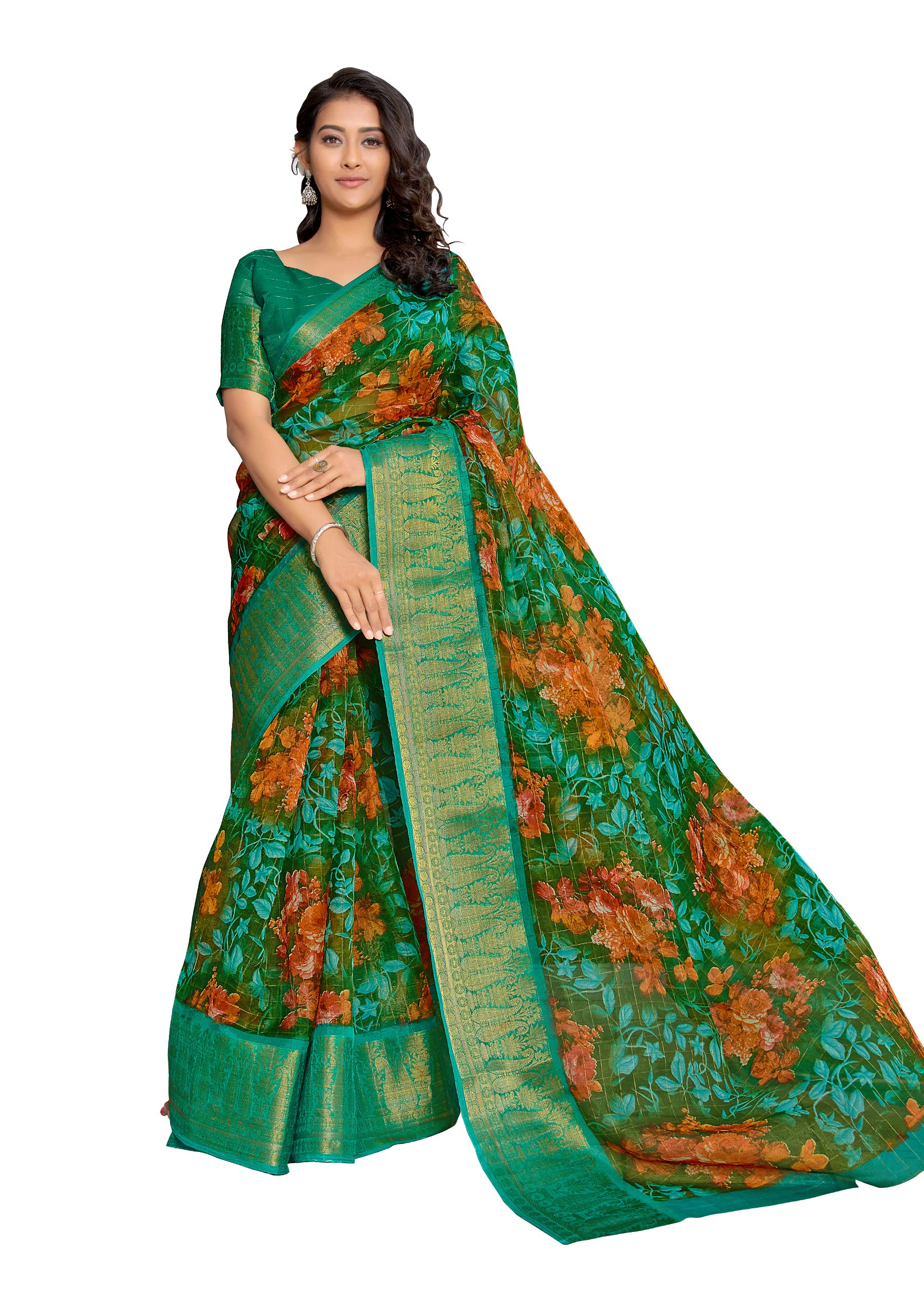 DRAVINAM Trends Women's Khadi Organza Saree With Blouse Piece (Or_9_Green)
