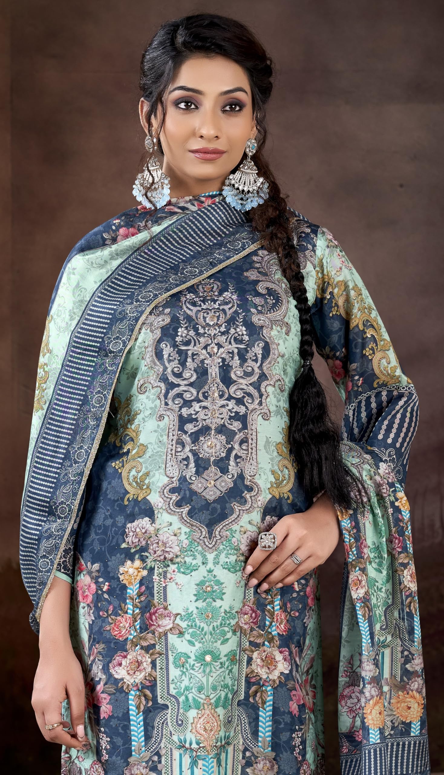 DRAVINAM Trends Pure Viscose Maslin Cotton Digital Printed Heavy Hand Embroidered Suit Dress Material with Unstitched Bottoms and Maslin Printed Dupatta