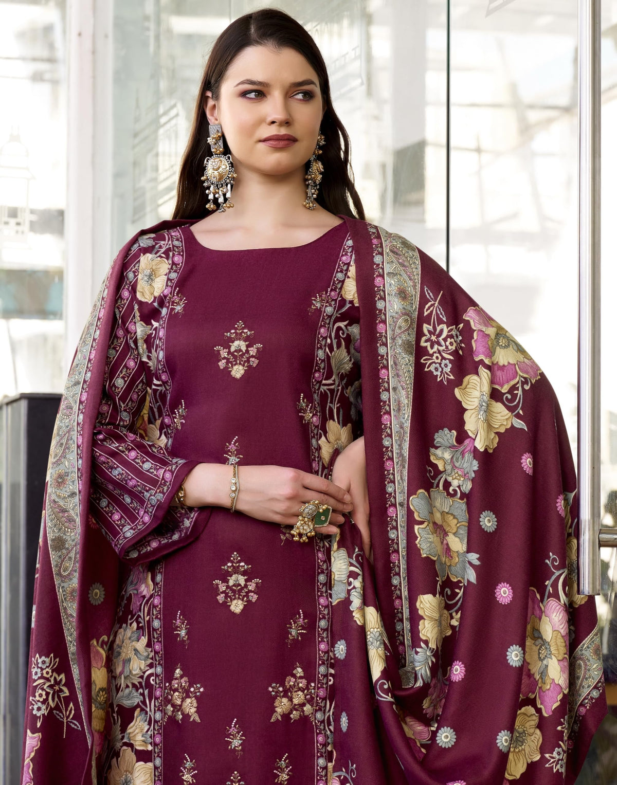 DRAVINAM Trends Women's winter wear unstitched embroidered Woollen Pashmina Suit Dress Material with Pashmina Printed Shawl Dupatta
