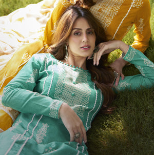 DRAVINAM Trends Women Pure Lawn Camric Digital Print Heavy Shifli Lace and Daman Heavy Embroidery Unstitched Suit Dress Material with Cotton Dupatta