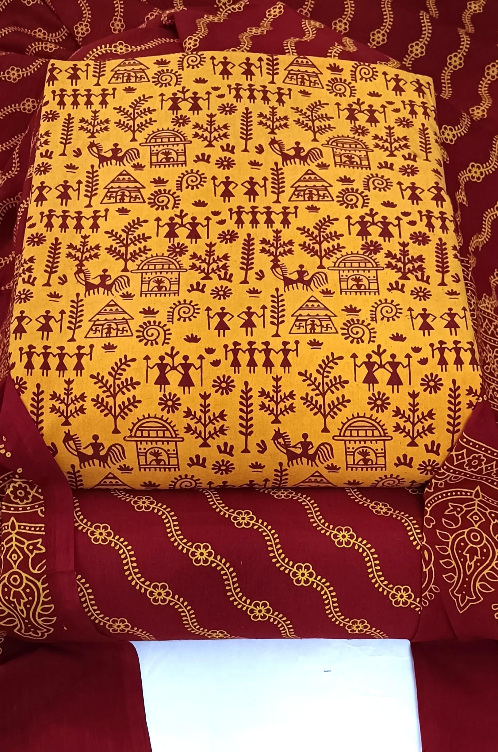 DRAVINAM Trends Women's Premium Cotton Unstitched Salwar Suit Dress Material Set | Traditional Rajasthani Gujari Block Print (Red & Mustard Yellow)