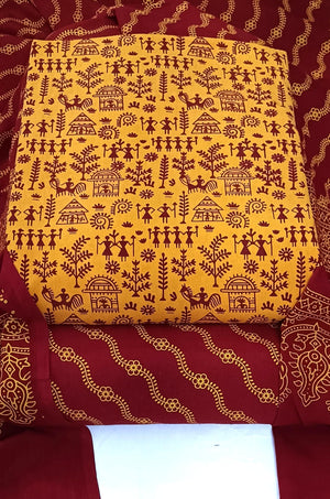 DRAVINAM Trends Women's Premium Cotton Unstitched Salwar Suit Dress Material Set | Traditional Rajasthani Gujari Block Print (Red & Mustard Yellow)