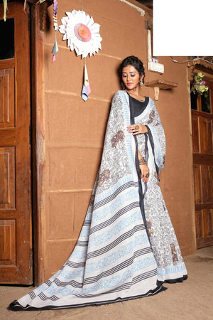 DRAVINAM Trends Women's Woven Pure Handloom Cotton Linen Printed Saree with Unstitched Blouse Piece (Grey)