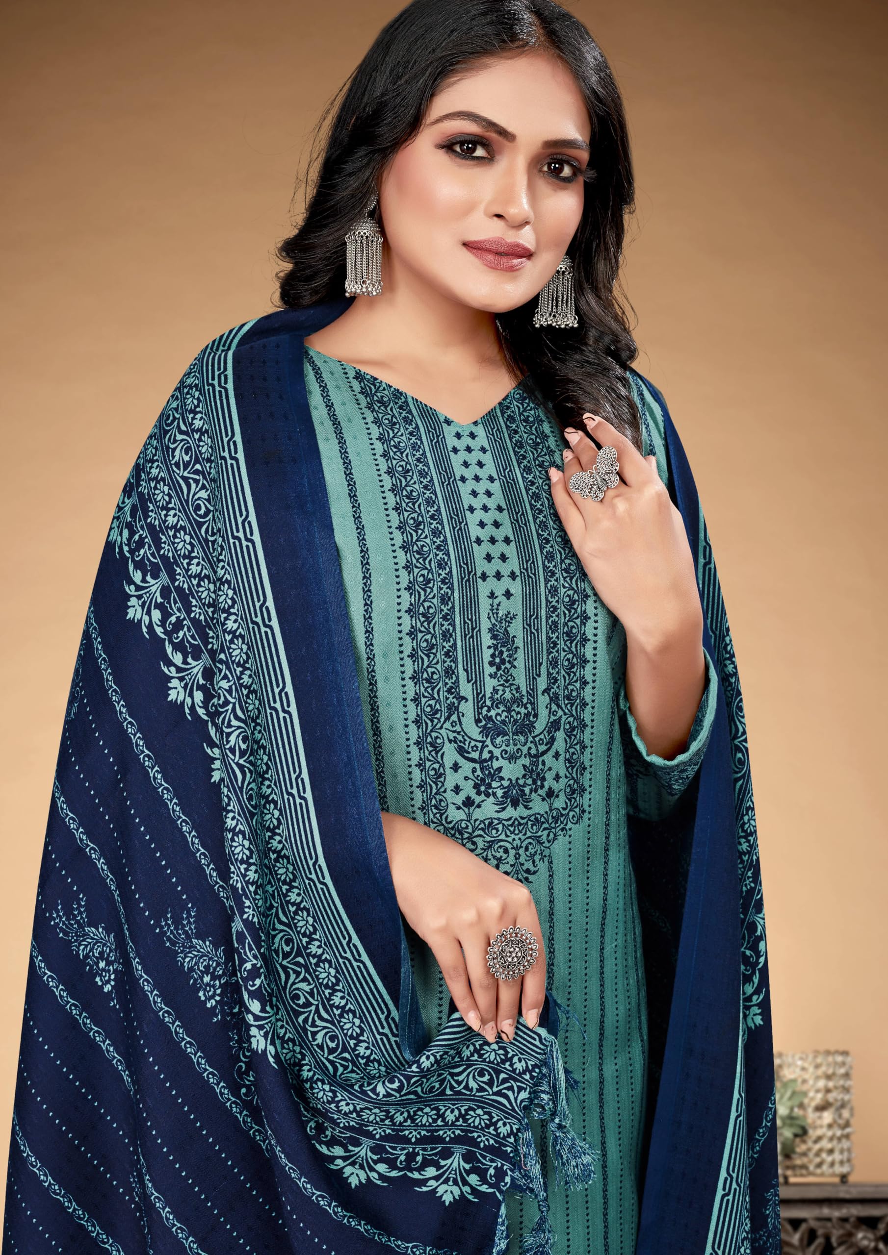 DRAVINAM Trends Printed Pashmina Unstitch Salwar Suit Material with Printed Shawl Dupatta