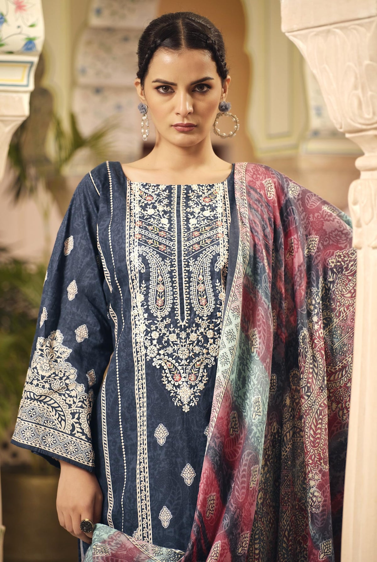 DRAVINAM Trends Unstitched Pakistani Embroidered Pure Cotton Salwar Suit Dress Materials with Cotton Dupatta