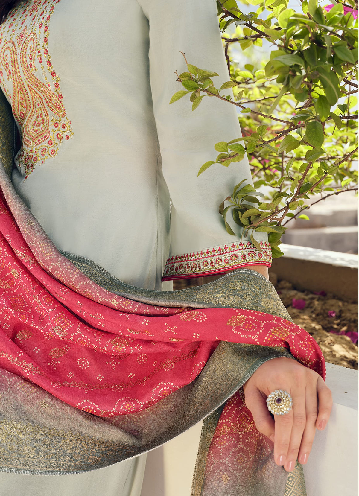 DRAVINAM Trends Women's Pure Muslin Embroidered Pakistani salwar suit dress material with Pure Viscose Dola Jacquard digital prints dupatta bridal collection (grey)