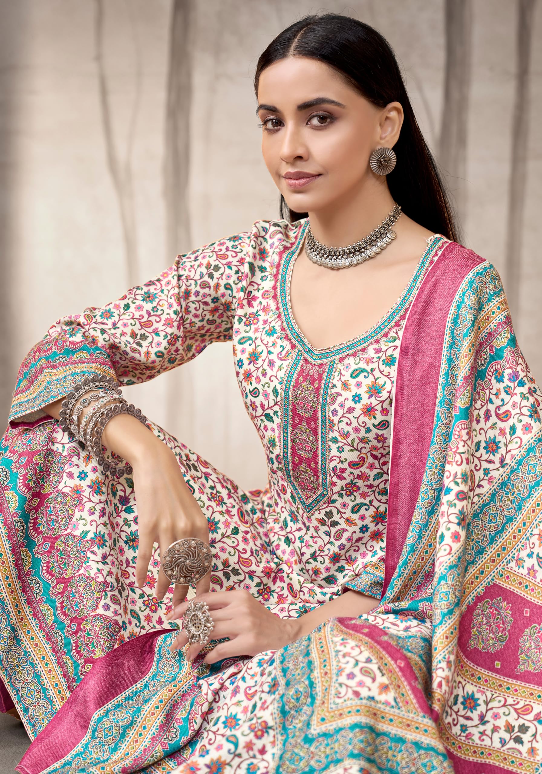 DRAVINAM Trends Women's Winter Wear Pure Viscose Woolen Pashmina Digital Kani Printed Swaroski Work Unstitch Salwar Suit Dress Material with Pure Digital Viscose Pashmina Woolen Warm Shawl Dupatta