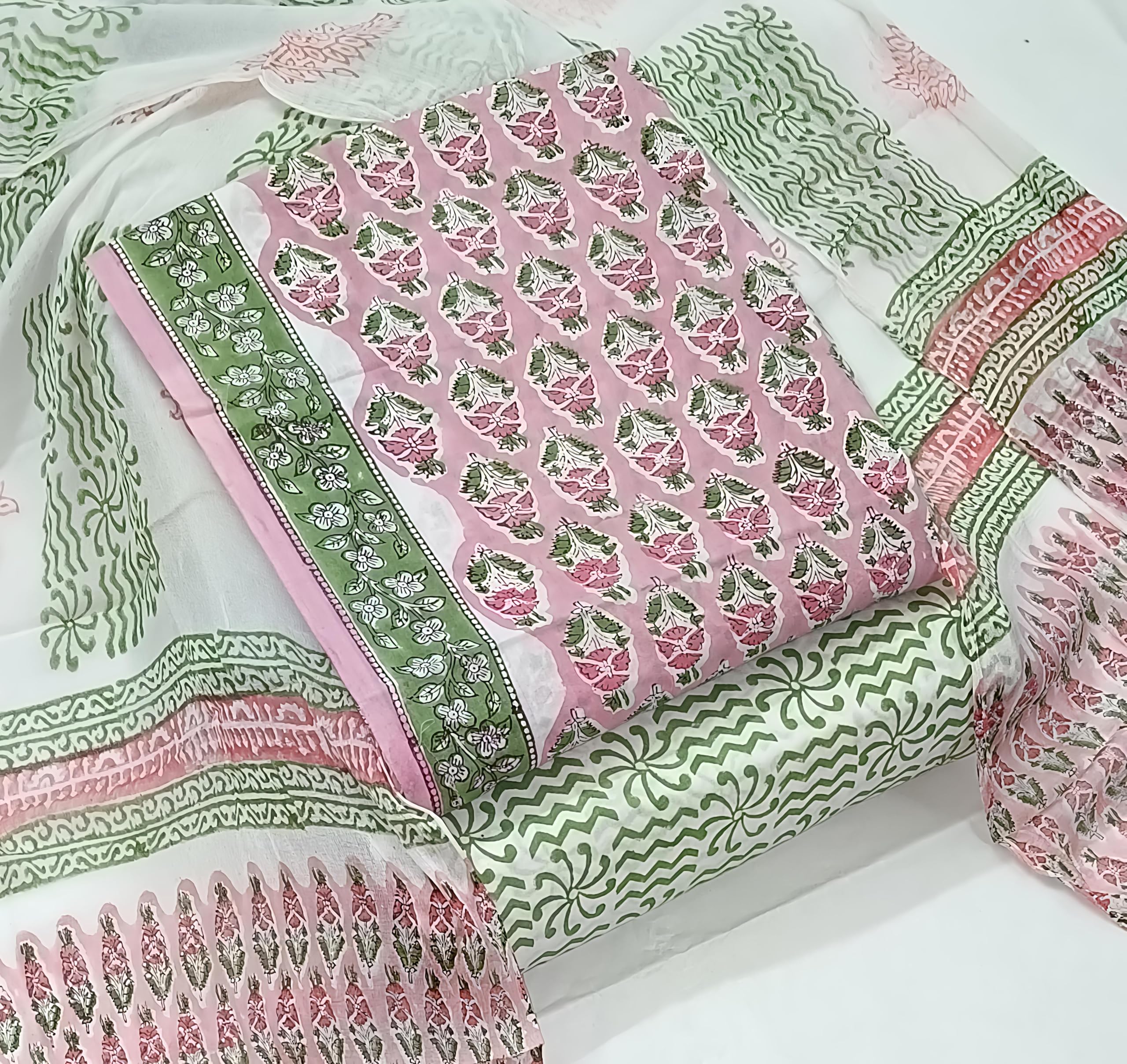 DRAVINAM Trends Hand Block Print Pure Cambric Cotton Unstitched Suit Material with Chiffon Hand Printed Dupatta