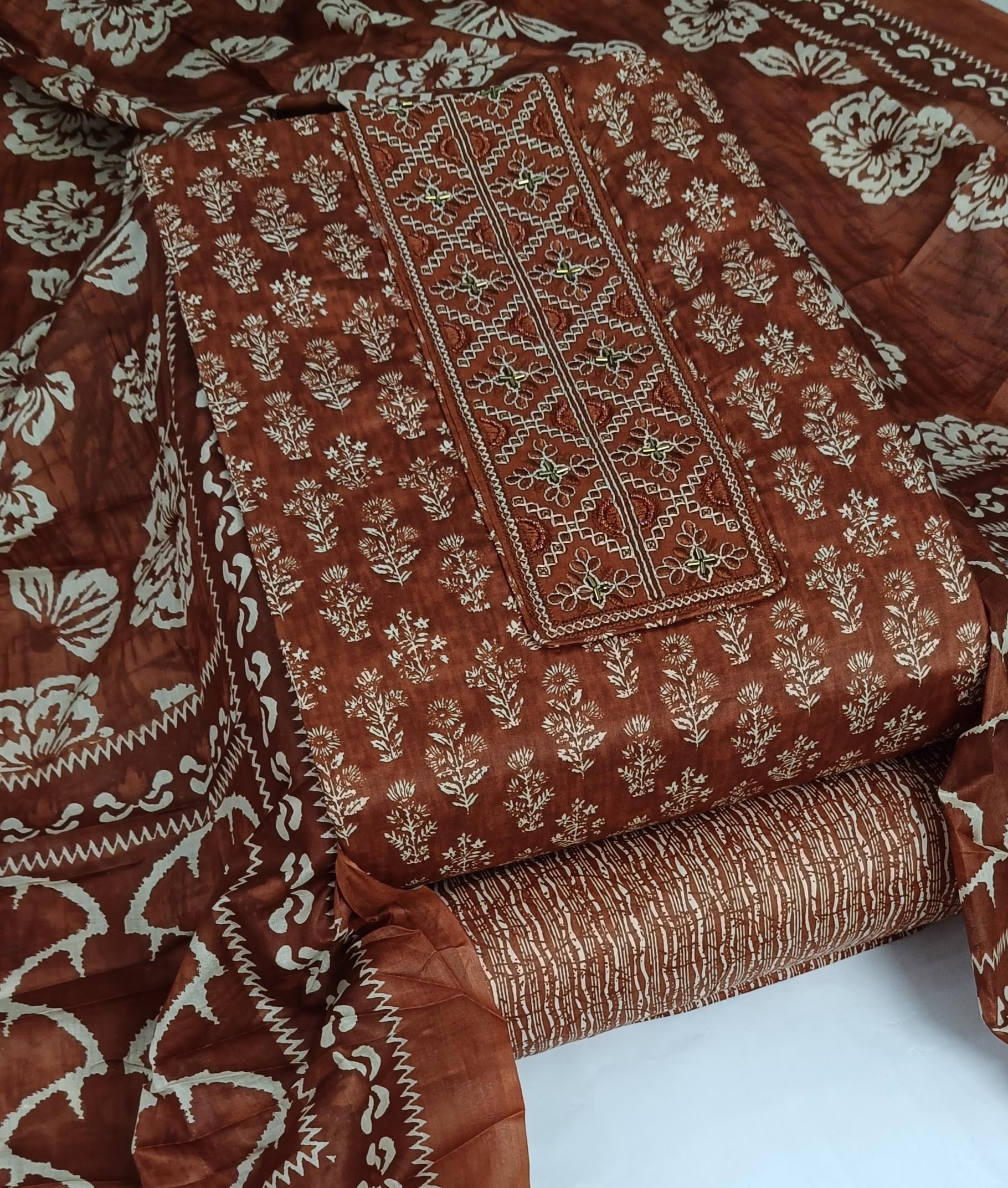 DRAVINAM Trends Women's Printed Embroidered and Hand Work Premium Cotton Jaipuri Unstitched Salwar Suit Dress Material with Mulmul Cotton Dupatta