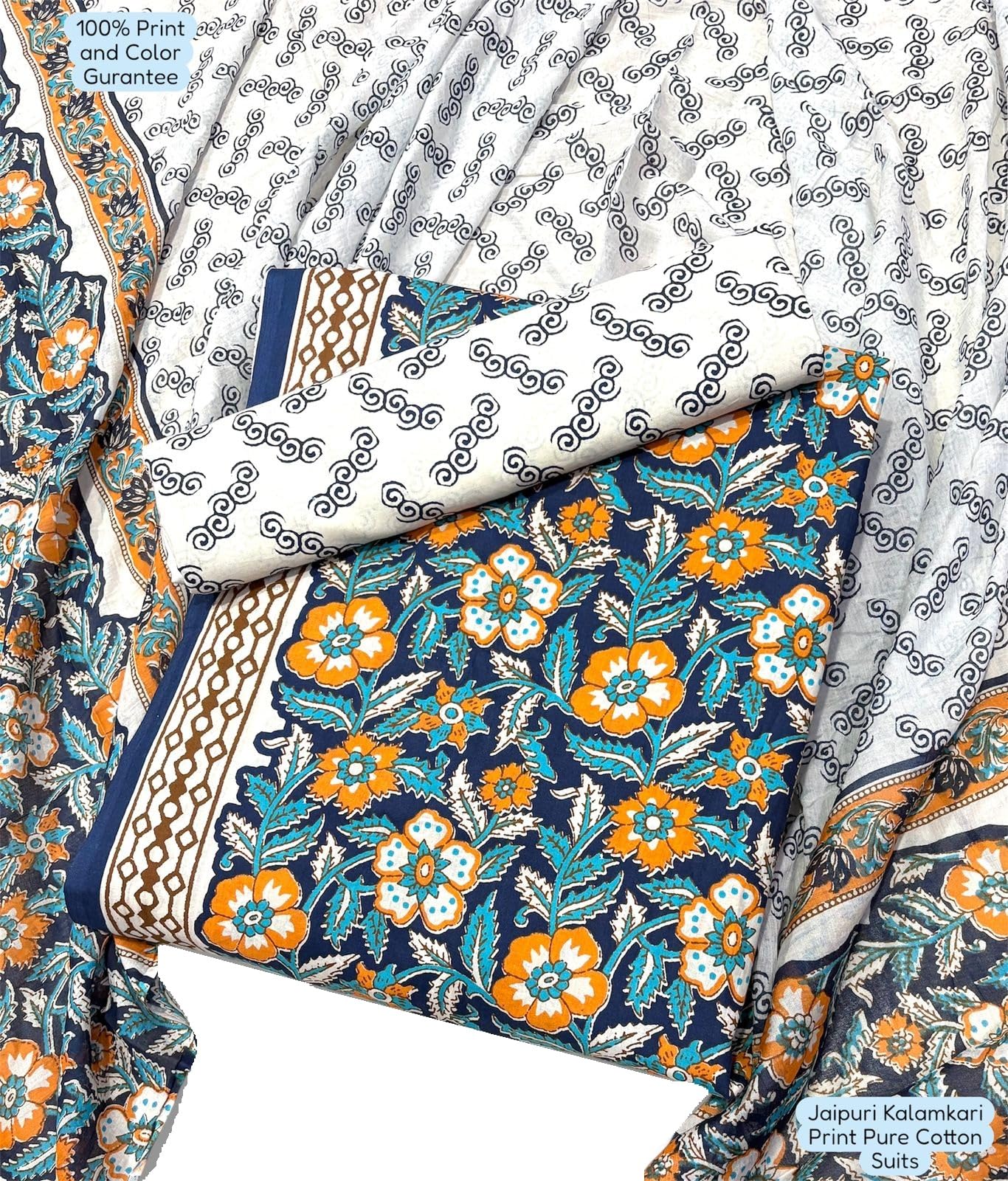 Unstitched Jaipuri Handmade Traditional Kalamkari Print Soft Cotton Dress Material with Cotton Dupatta