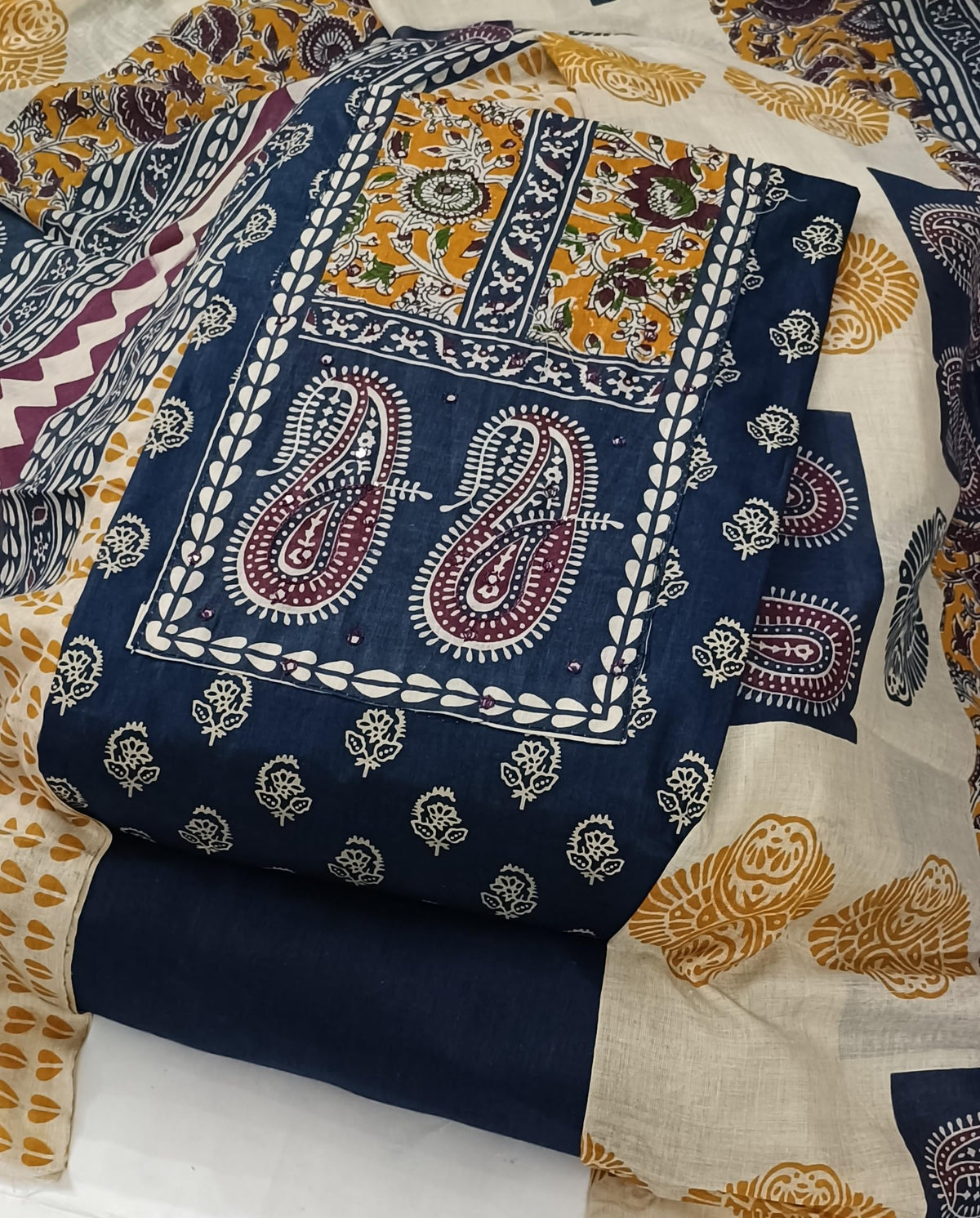 DRAVINAM Trends Women's Unstitched Cambric Cotton Dress Material Salwar Suit Set with Dupatta | Geometric Batik Print & Embellished Neckline (Multicolor)
