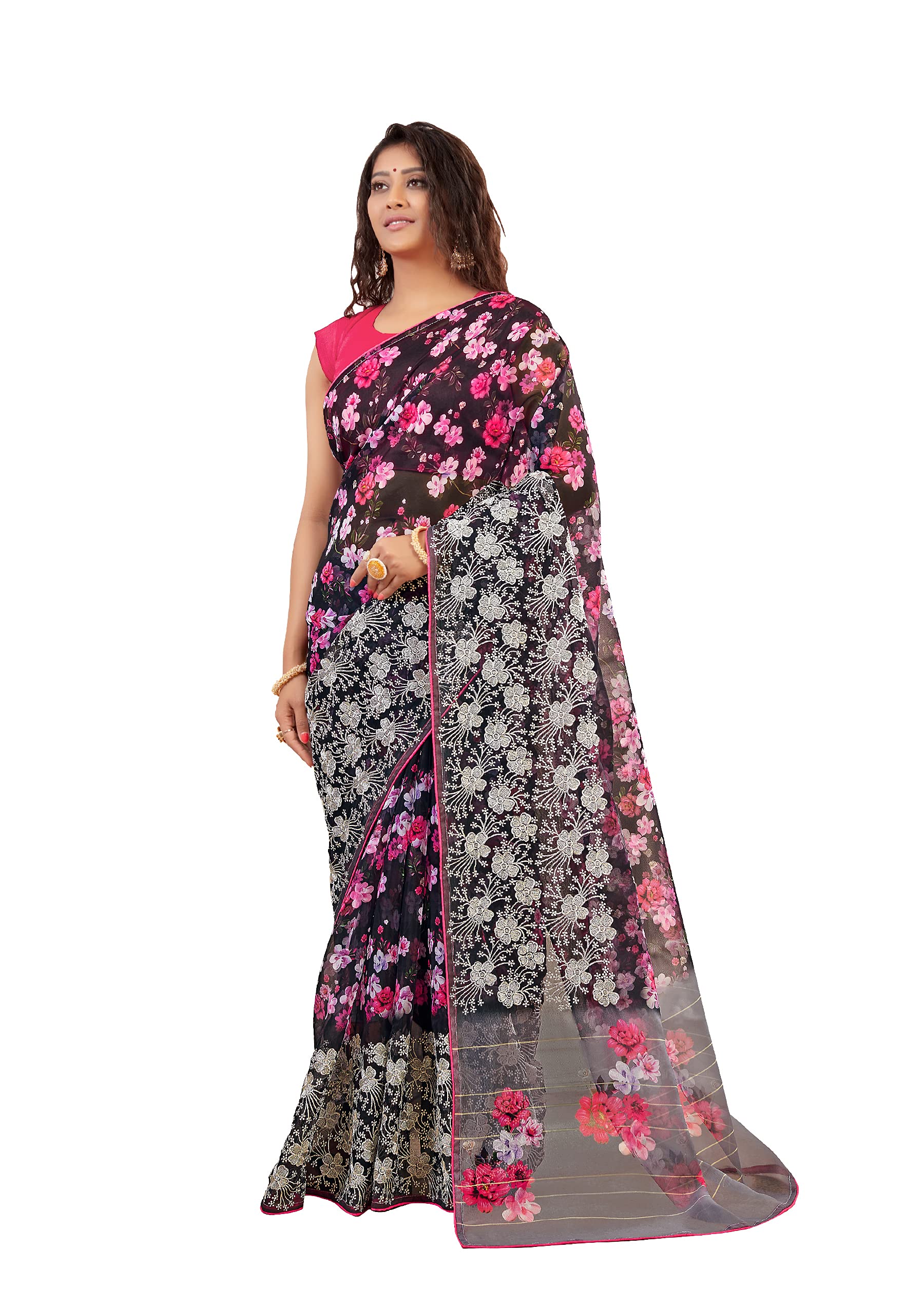 DRAVINAM Trends Women's Jacquard Organza Saree With Blouse Piece (NaaOr_3_Black And Pink)