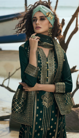 DRAVINAM Trends Women's Pure Banarasi Silk Unstitched Embroidered Sharara Style salwar Suit Dress Material with Heavy Pure Banarasi Jacquard Silk Dupatta (Free size_Magenta)