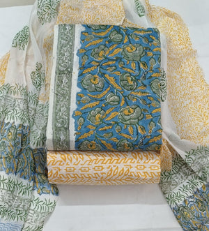 DRAVINAM Trends Hand Block Print Pure Cambric Cotton Unstitched Suit Material with Chiffon Hand Printed Dupatta