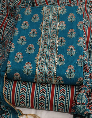 DRAVINAM Trends Women's Jaipuri Printed Embroidered and Hand Work Premium Cambric Cotton Unstitched Salwar Suit Dress Material with Mulmul Cotton Dupatta