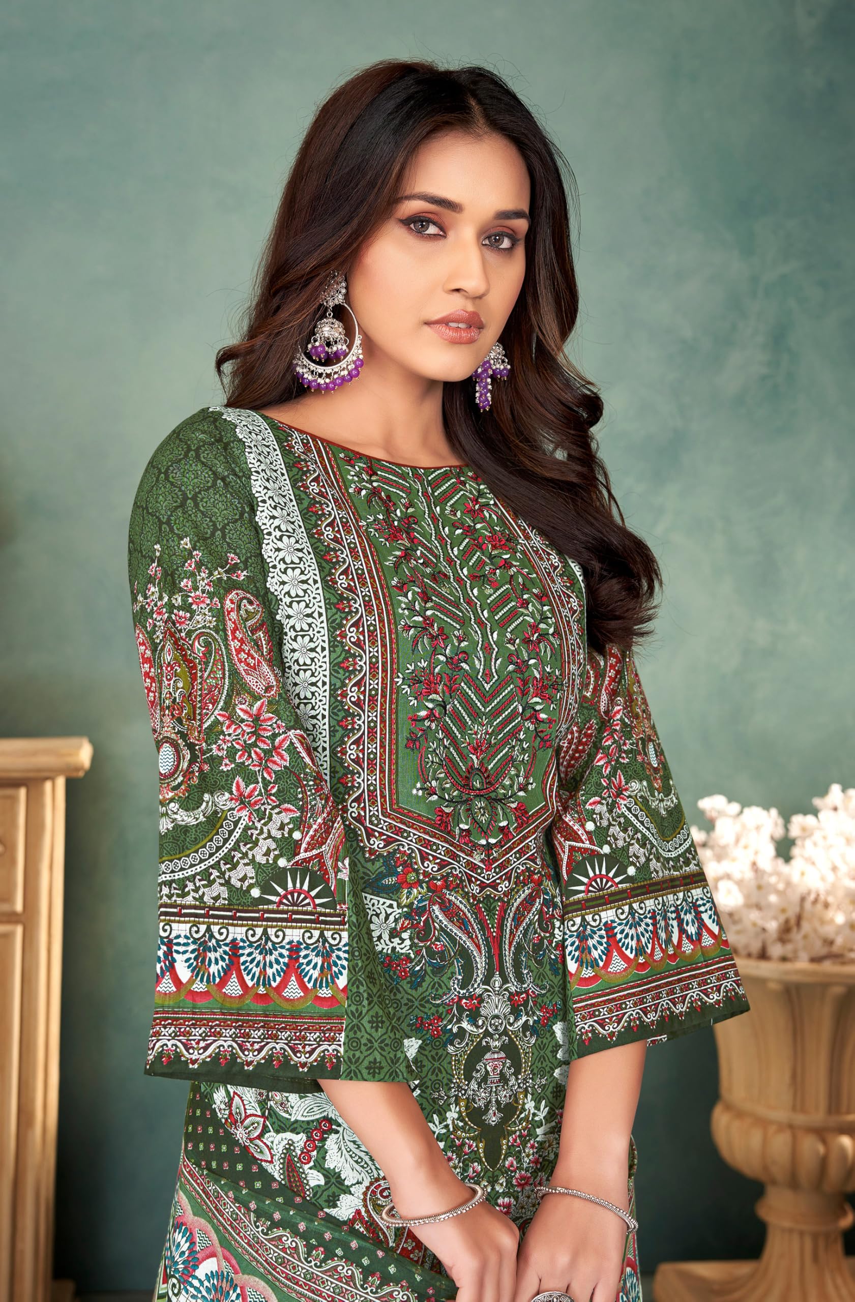 DRAVINAM Trends Lawn Cotton Pakistani Embroidered Suit Dress Material with Unstitched Bottoms and Cotton Dupatta